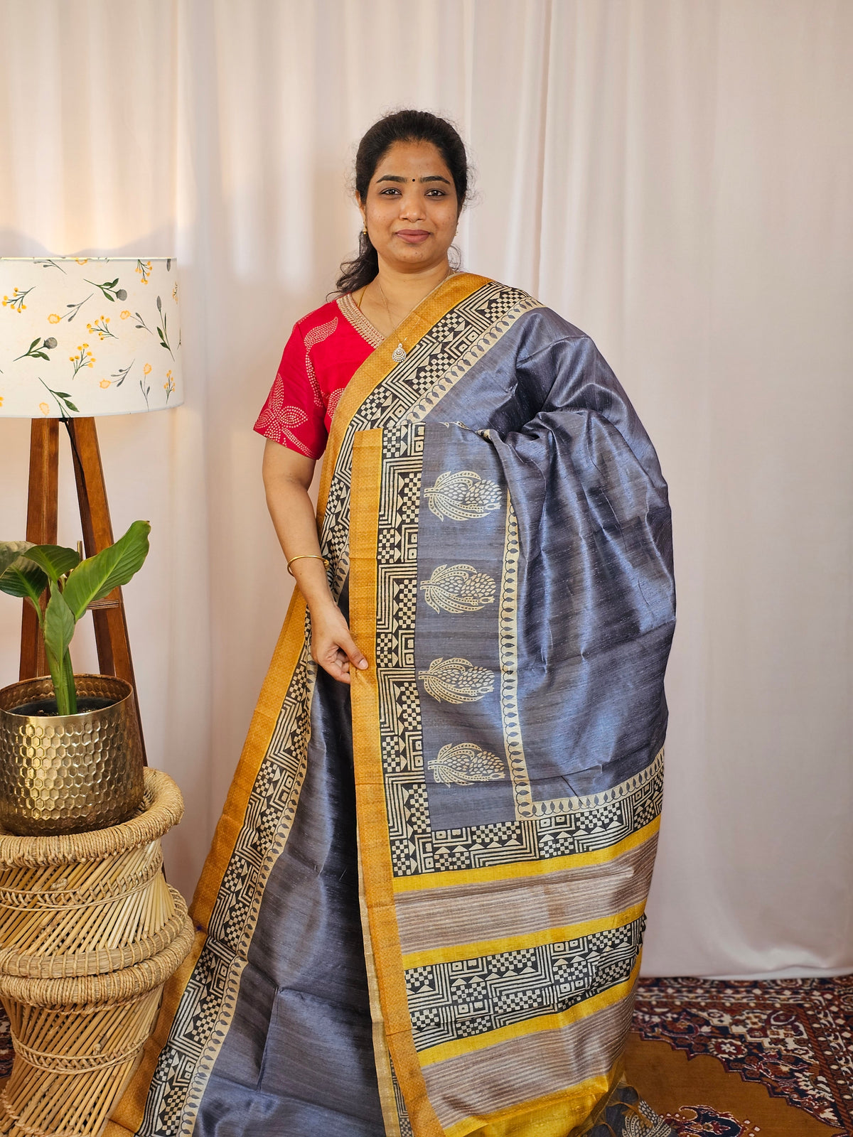 Premium Soft Semi Tussar with Digital Prints - Violet with Yellow