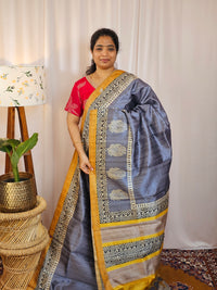 Premium Soft Semi Tussar with Digital Prints - Violet with Yellow