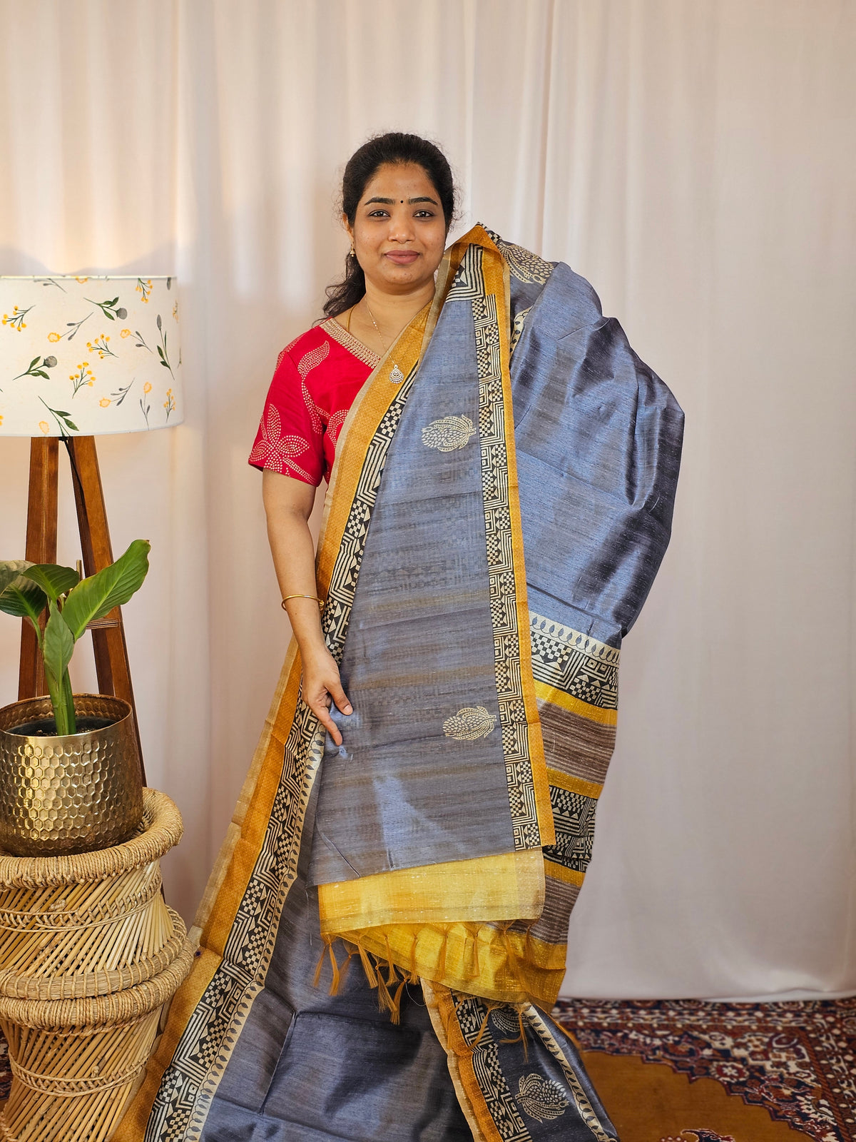 Premium Soft Semi Tussar with Digital Prints - Violet with Yellow