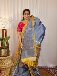 Premium Soft Semi Tussar with Digital Prints - Violet with Yellow