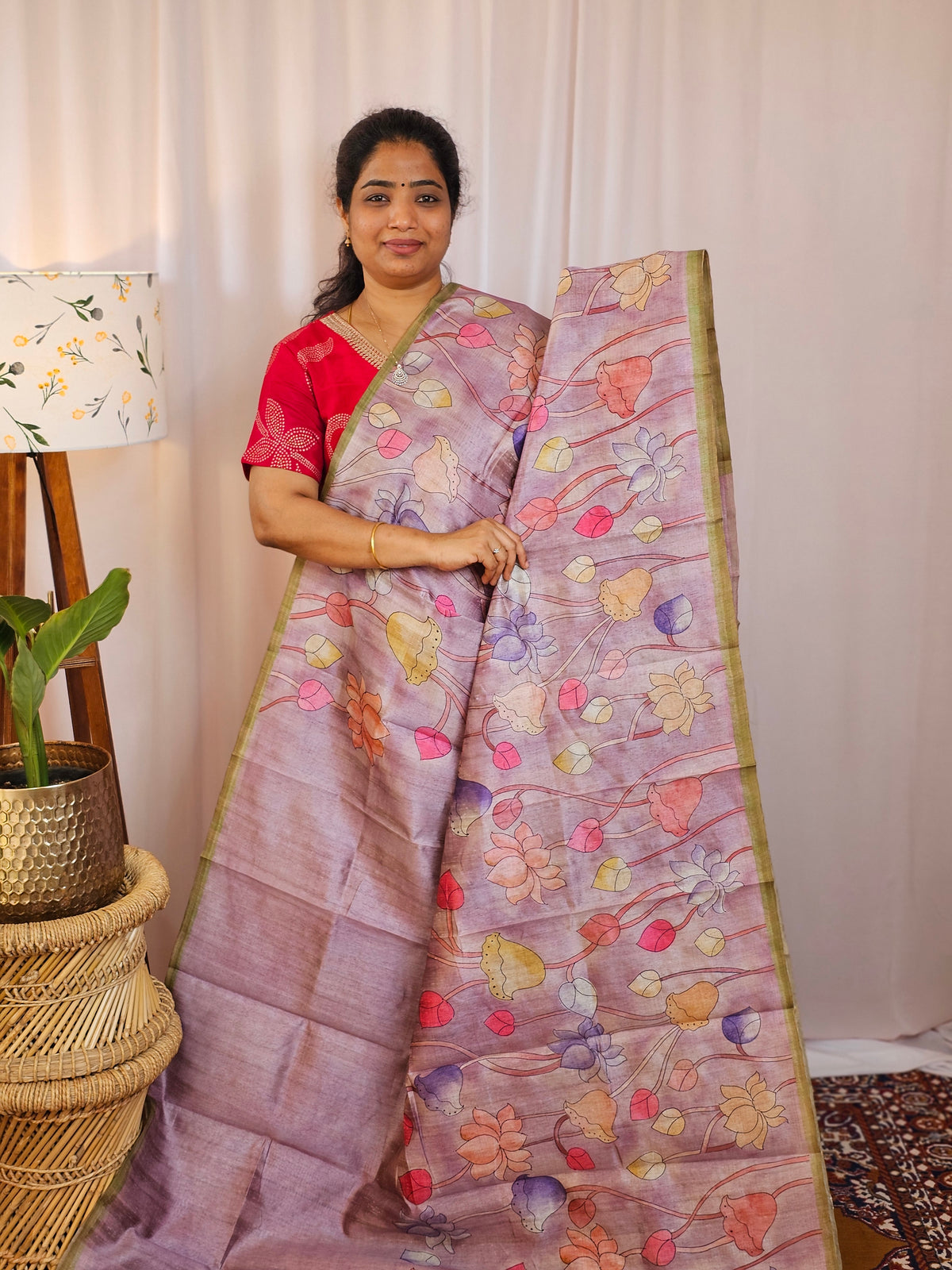 Premium Soft Semi Tussar with Digital Prints - Lavender with Green