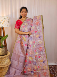Premium Soft Semi Tussar with Digital Prints - Lavender with Green