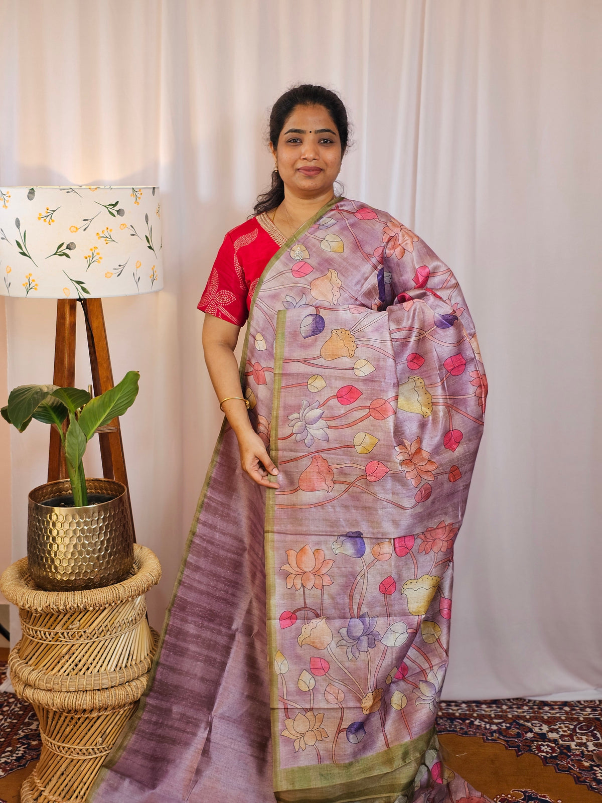 Premium Soft Semi Tussar with Digital Prints - Lavender with Green