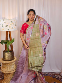 Premium Soft Semi Tussar with Digital Prints - Lavender with Green
