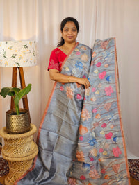 Premium Soft Semi Tussar with Digital Prints - Dark Blue with Orange