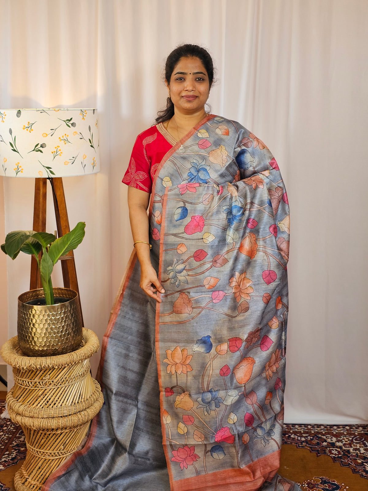 Premium Soft Semi Tussar with Digital Prints - Dark Blue with Orange
