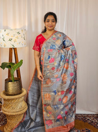 Premium Soft Semi Tussar with Digital Prints - Dark Blue with Orange