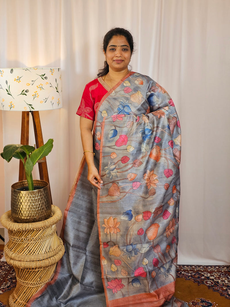 Premium Soft Semi Tussar with Digital Prints - Dark Blue with Orange