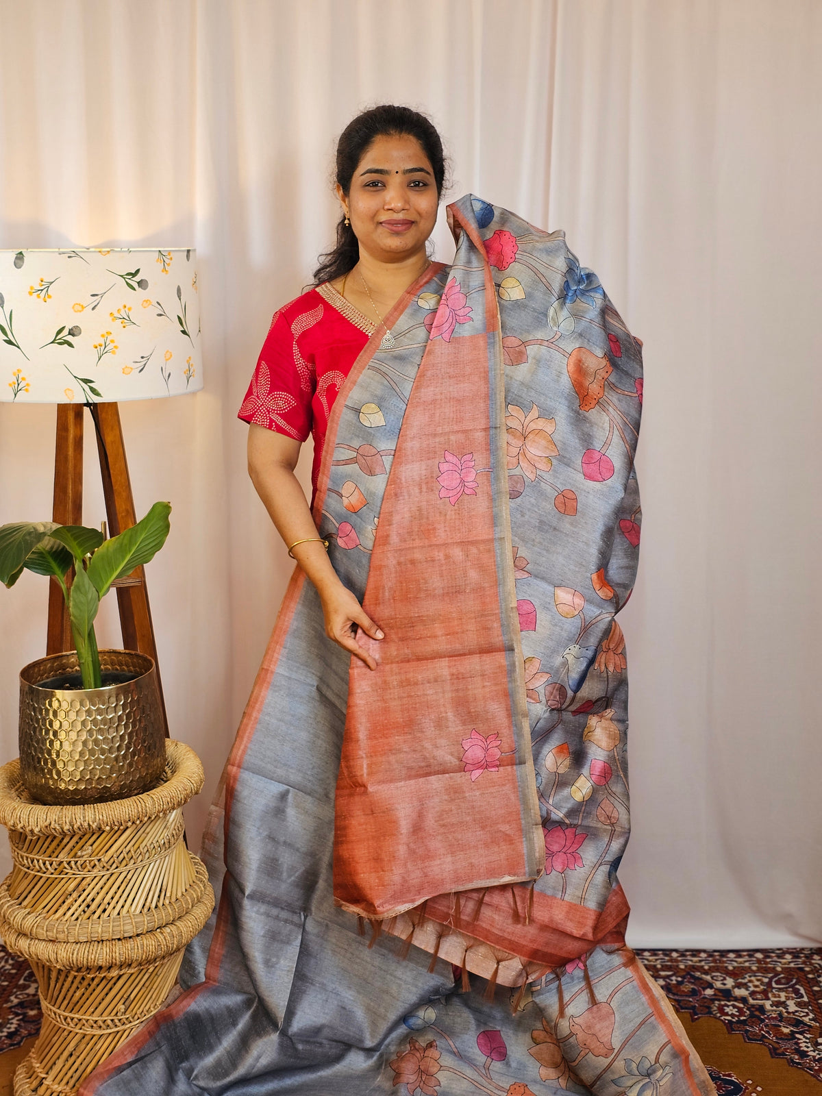 Premium Soft Semi Tussar with Digital Prints - Dark Blue with Orange