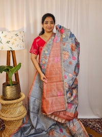 Premium Soft Semi Tussar with Digital Prints - Dark Blue with Orange