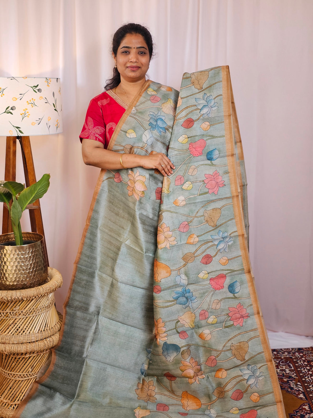Premium Soft Semi Tussar with Digital Prints - Green with Brown