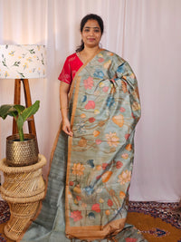 Premium Soft Semi Tussar with Digital Prints - Green with Brown