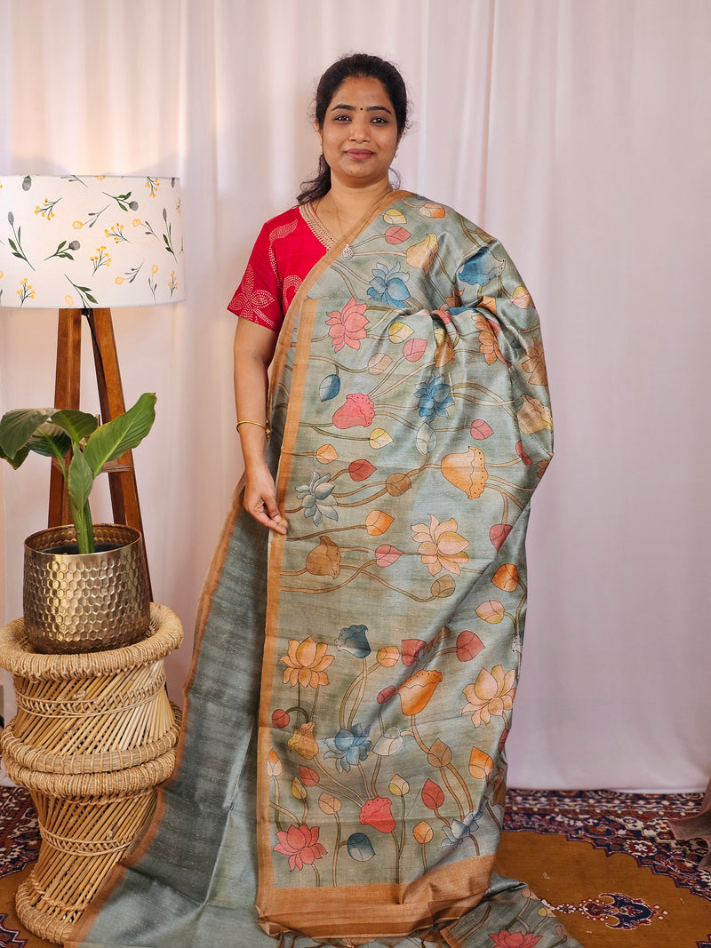 Premium Soft Semi Tussar with Digital Prints - Green with Brown