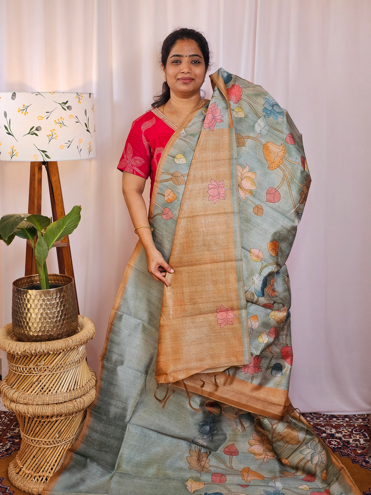 Premium Soft Semi Tussar with Digital Prints - Green with Brown