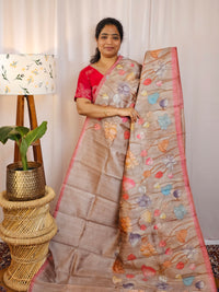 Premium Soft Semi Tussar with Digital Prints - Beige with Pink