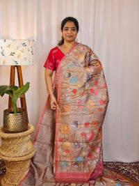 Premium Soft Semi Tussar with Digital Prints - Beige with Pink
