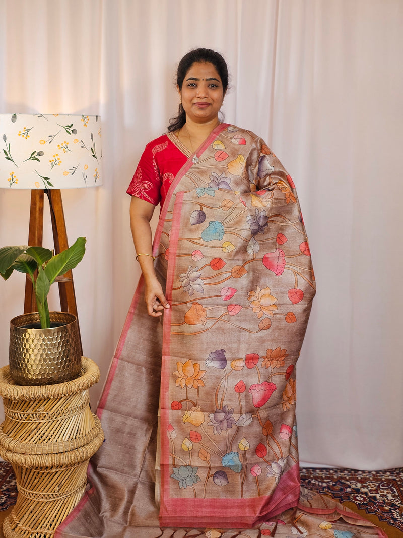 Premium Soft Semi Tussar with Digital Prints - Beige with Pink