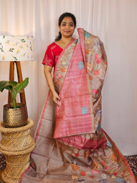 Premium Soft Semi Tussar with Digital Prints - Beige with Pink
