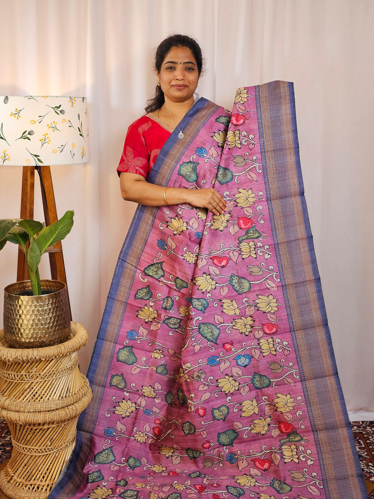 Premium Soft Semi Tussar with Digital Prints - Pink with  Dark Blue