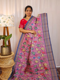 Premium Soft Semi Tussar with Digital Prints - Pink with  Dark Blue