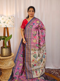 Premium Soft Semi Tussar with Digital Prints - Pink with  Dark Blue