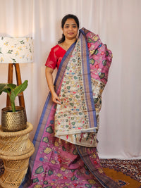 Premium Soft Semi Tussar with Digital Prints - Pink with  Dark Blue