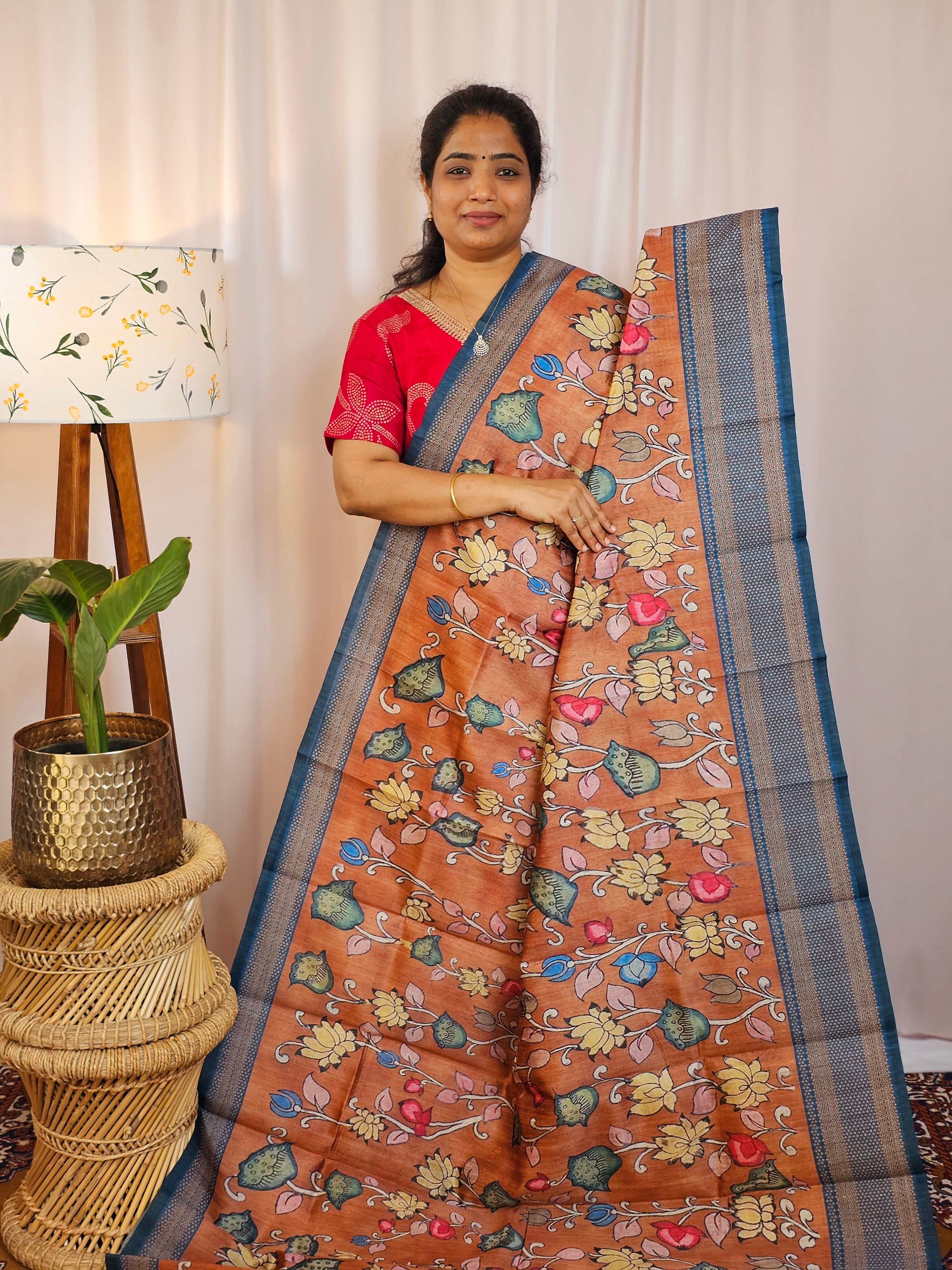Premium Soft Semi Tussar with Digital Prints - Brown with Peacock Blue ...