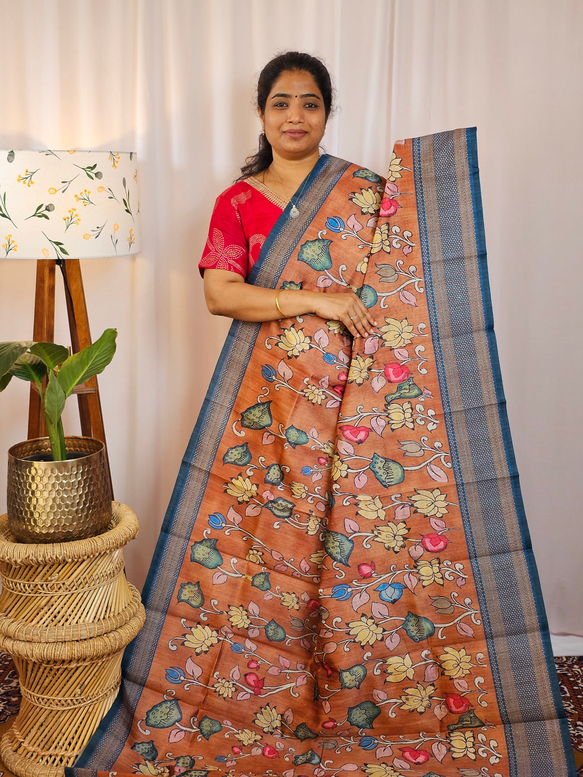 Premium Soft Semi Tussar with Digital Prints - Brown with Peacock Blue