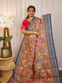 Premium Soft Semi Tussar with Digital Prints - Brown with Peacock Blue