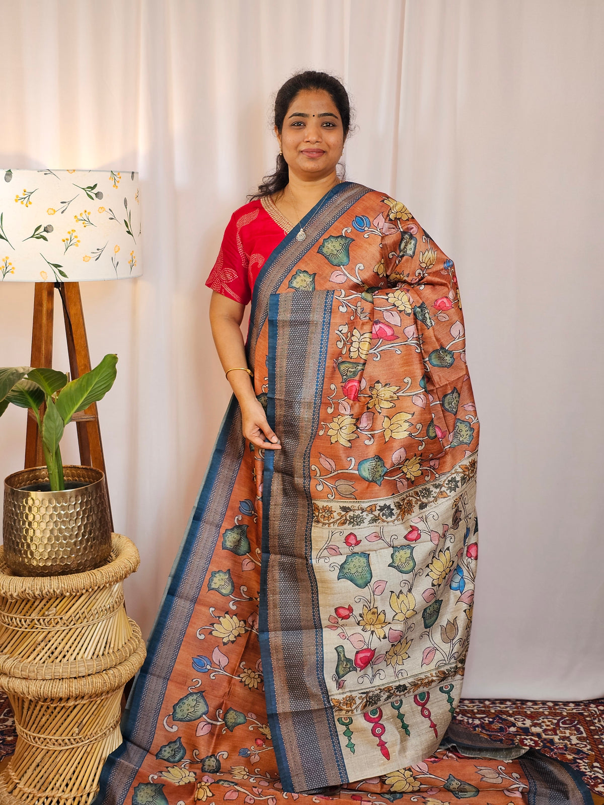 Premium Soft Semi Tussar with Digital Prints - Brown with Peacock Blue