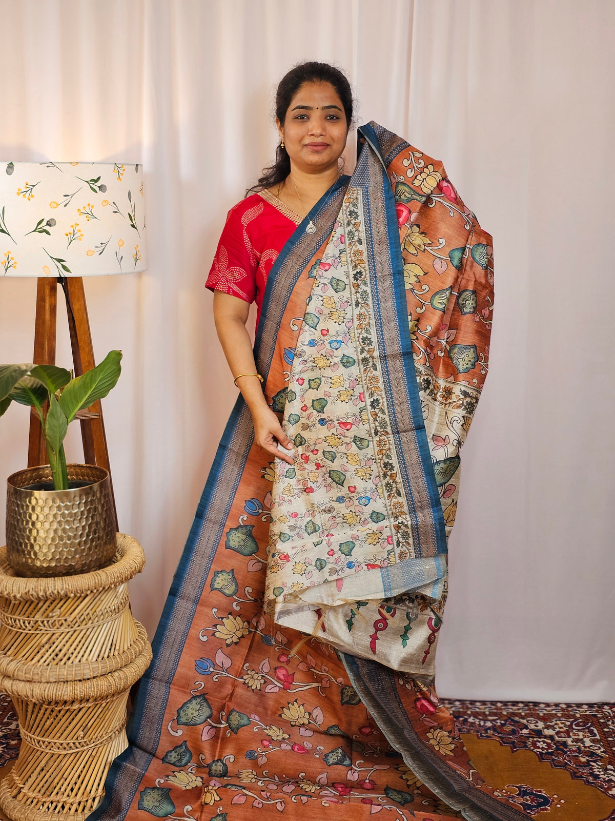 Premium Soft Semi Tussar with Digital Prints - Brown with Peacock Blue