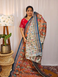Premium Soft Semi Tussar with Digital Prints - Brown with Peacock Blue
