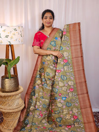 Premium Soft Semi Tussar with Digital Prints - Green with Brown