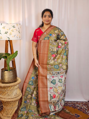 Premium Soft Semi Tussar with Digital Prints - Green with Brown