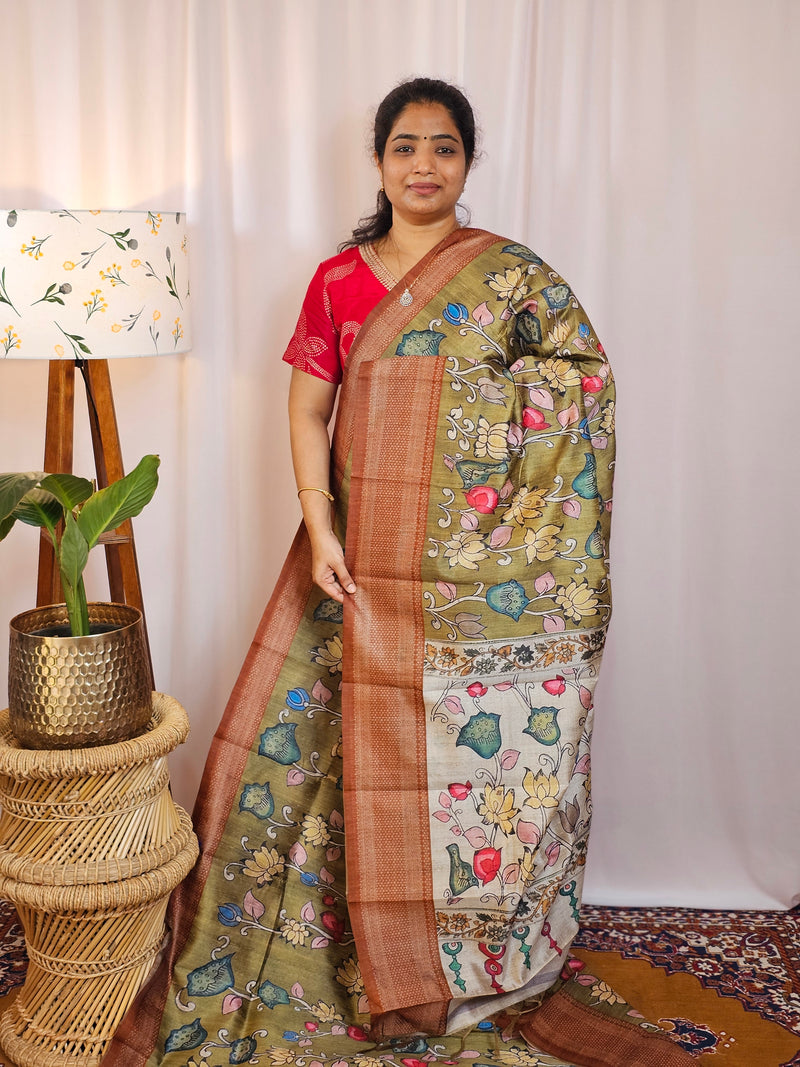 Premium Soft Semi Tussar with Digital Prints - Green with Brown