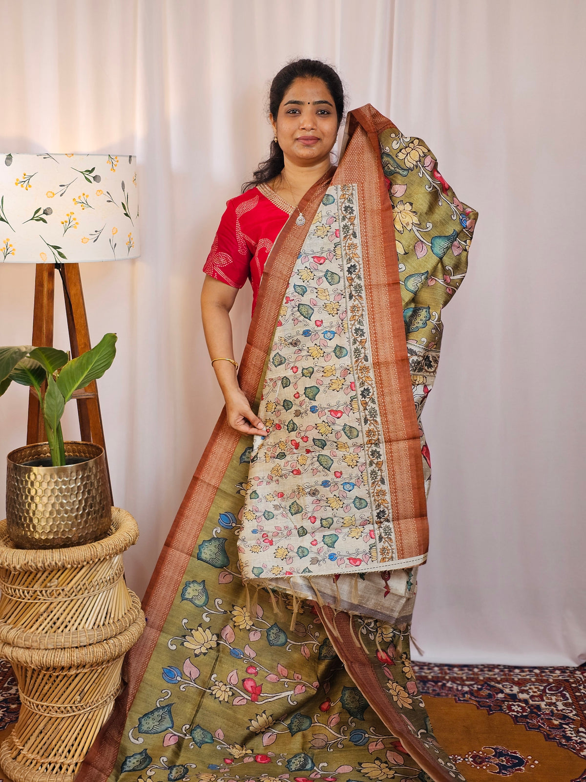 Premium Soft Semi Tussar with Digital Prints - Green with Brown