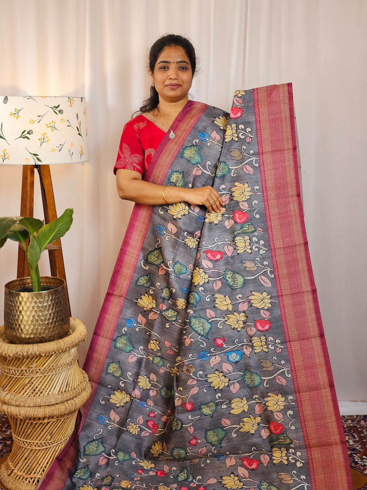 Premium Soft Semi Tussar with Digital Prints - Grey with Magenta Pink