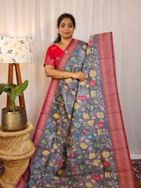Premium Soft Semi Tussar with Digital Prints - Grey with Magenta Pink
