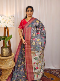 Premium Soft Semi Tussar with Digital Prints - Grey with Magenta Pink