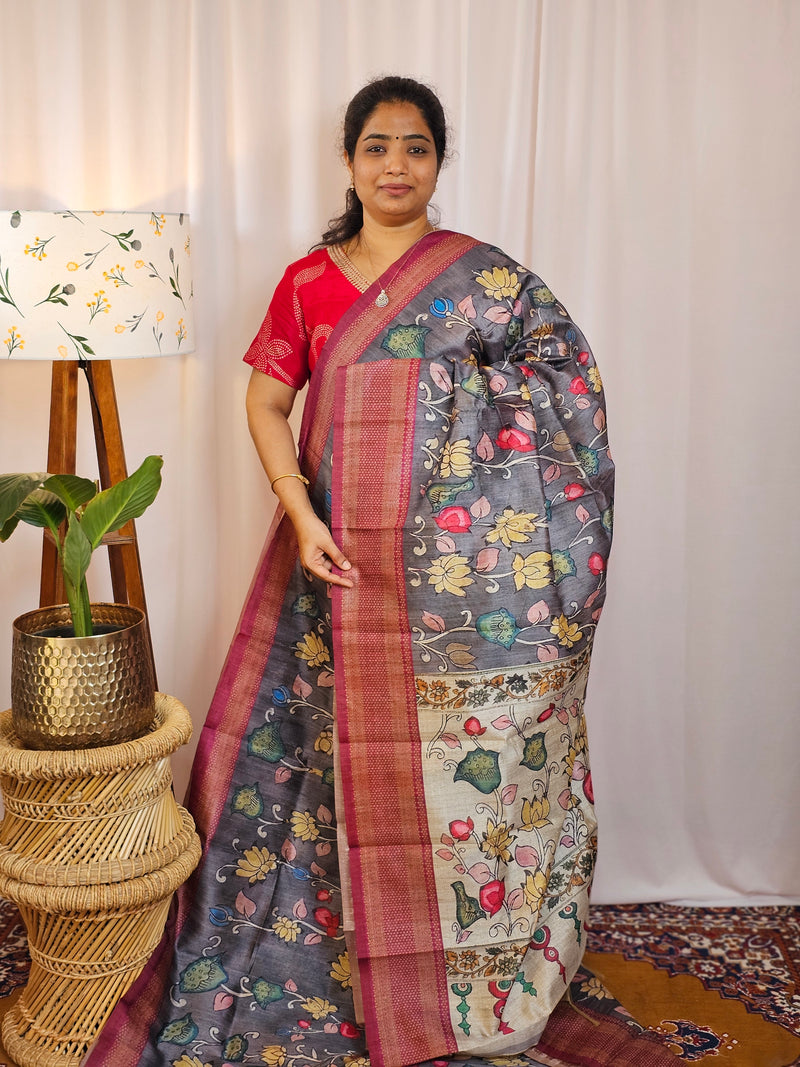 Premium Soft Semi Tussar with Digital Prints - Grey with Magenta Pink