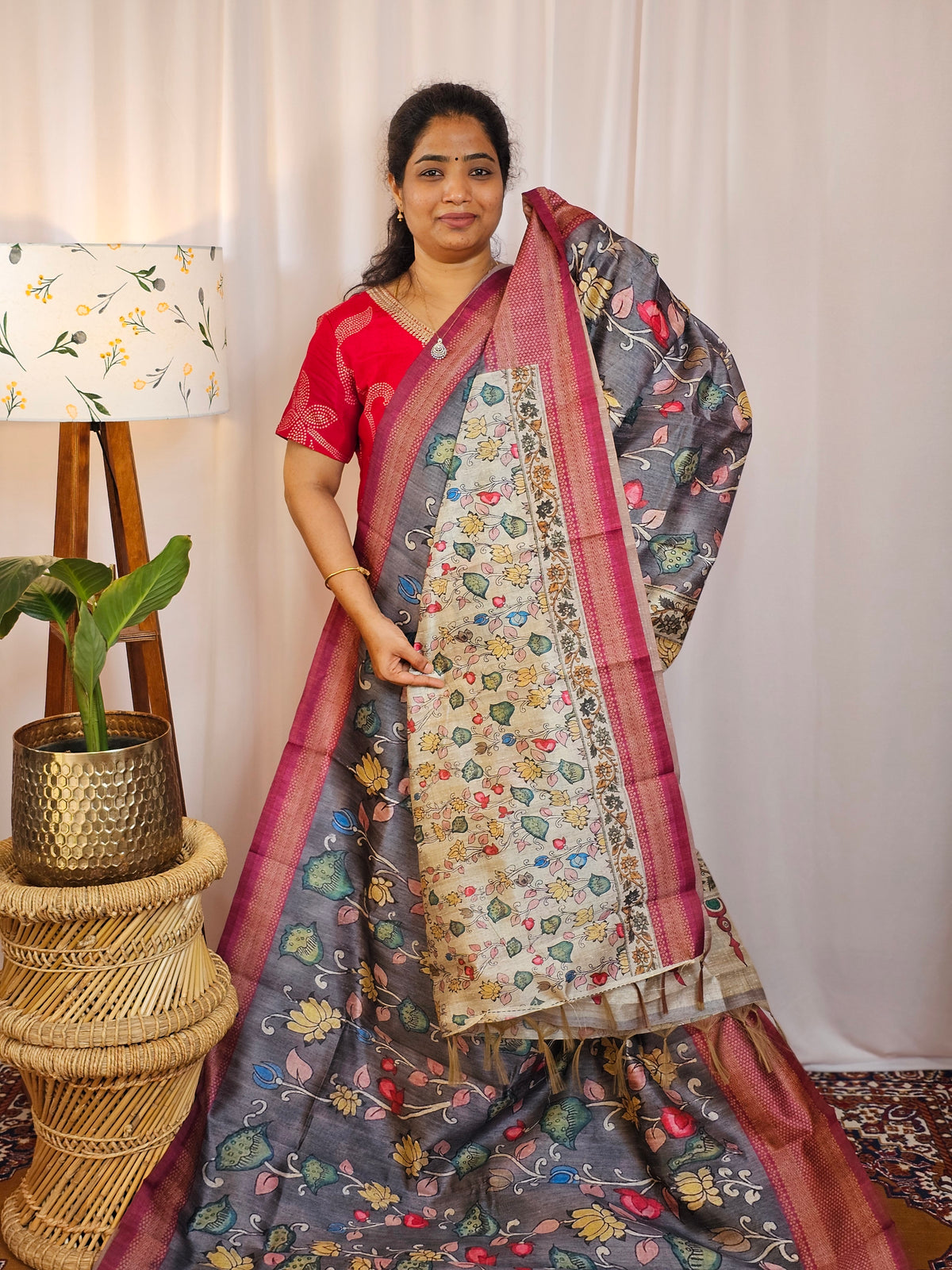 Premium Soft Semi Tussar with Digital Prints - Grey with Magenta Pink