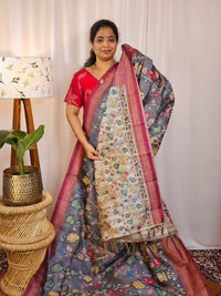 Premium Soft Semi Tussar with Digital Prints - Grey with Magenta Pink