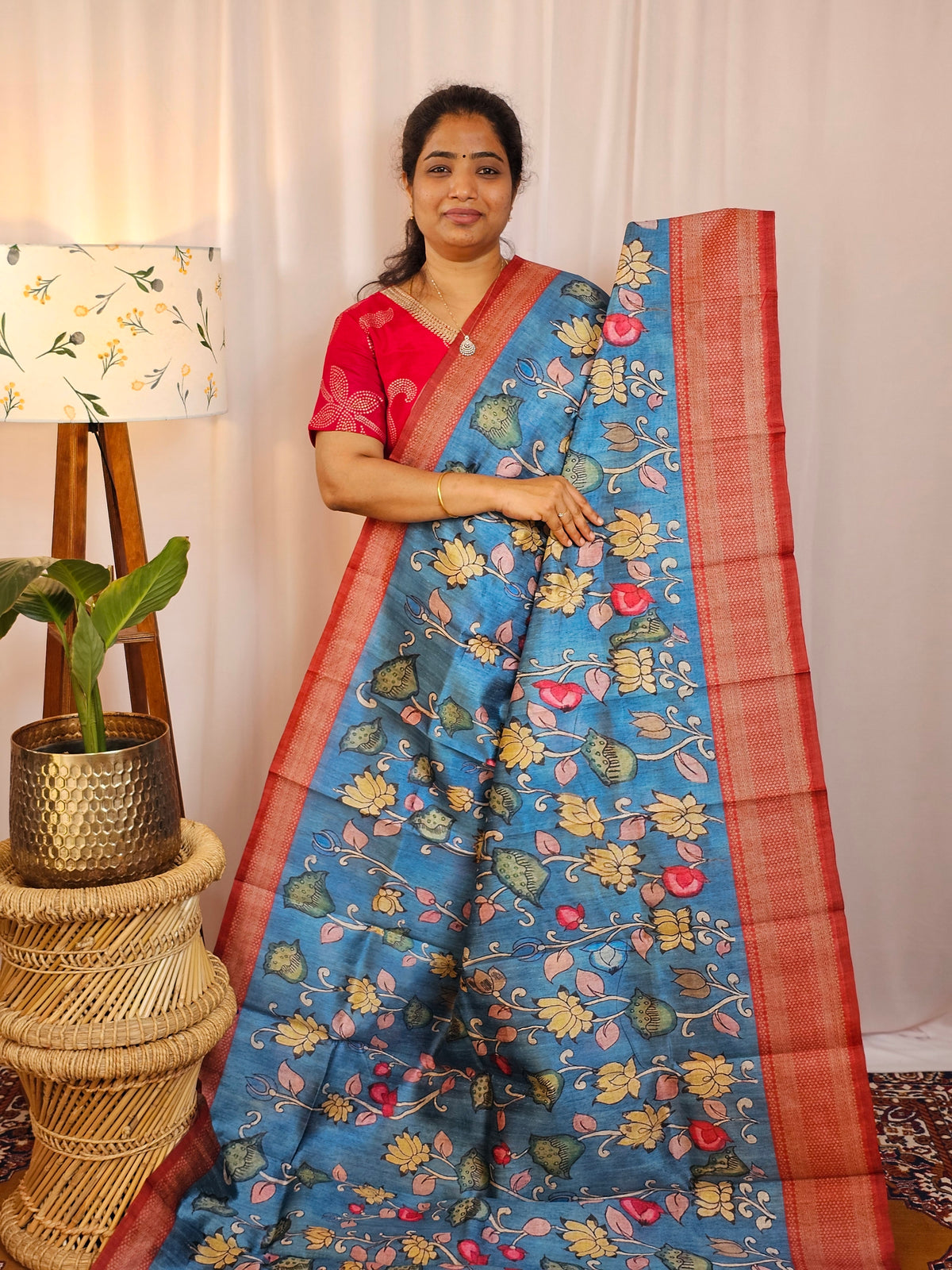 Premium Soft Semi Tussar with Digital Prints - Blue with Maroon