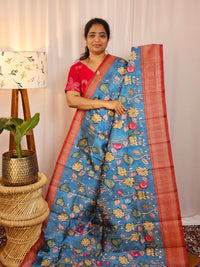 Premium Soft Semi Tussar with Digital Prints - Blue with Maroon