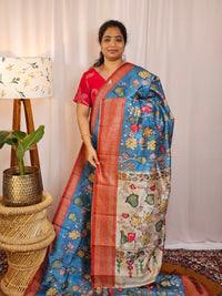 Premium Soft Semi Tussar with Digital Prints - Blue with Maroon