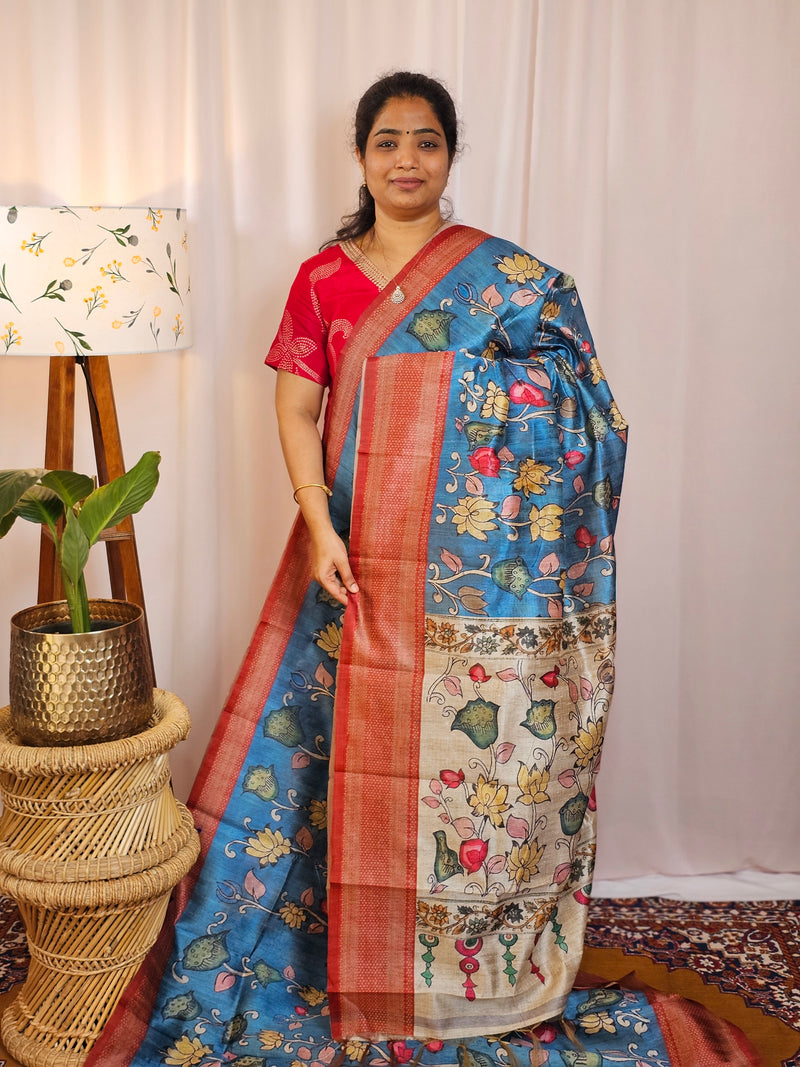 Premium Soft Semi Tussar with Digital Prints - Blue with Maroon