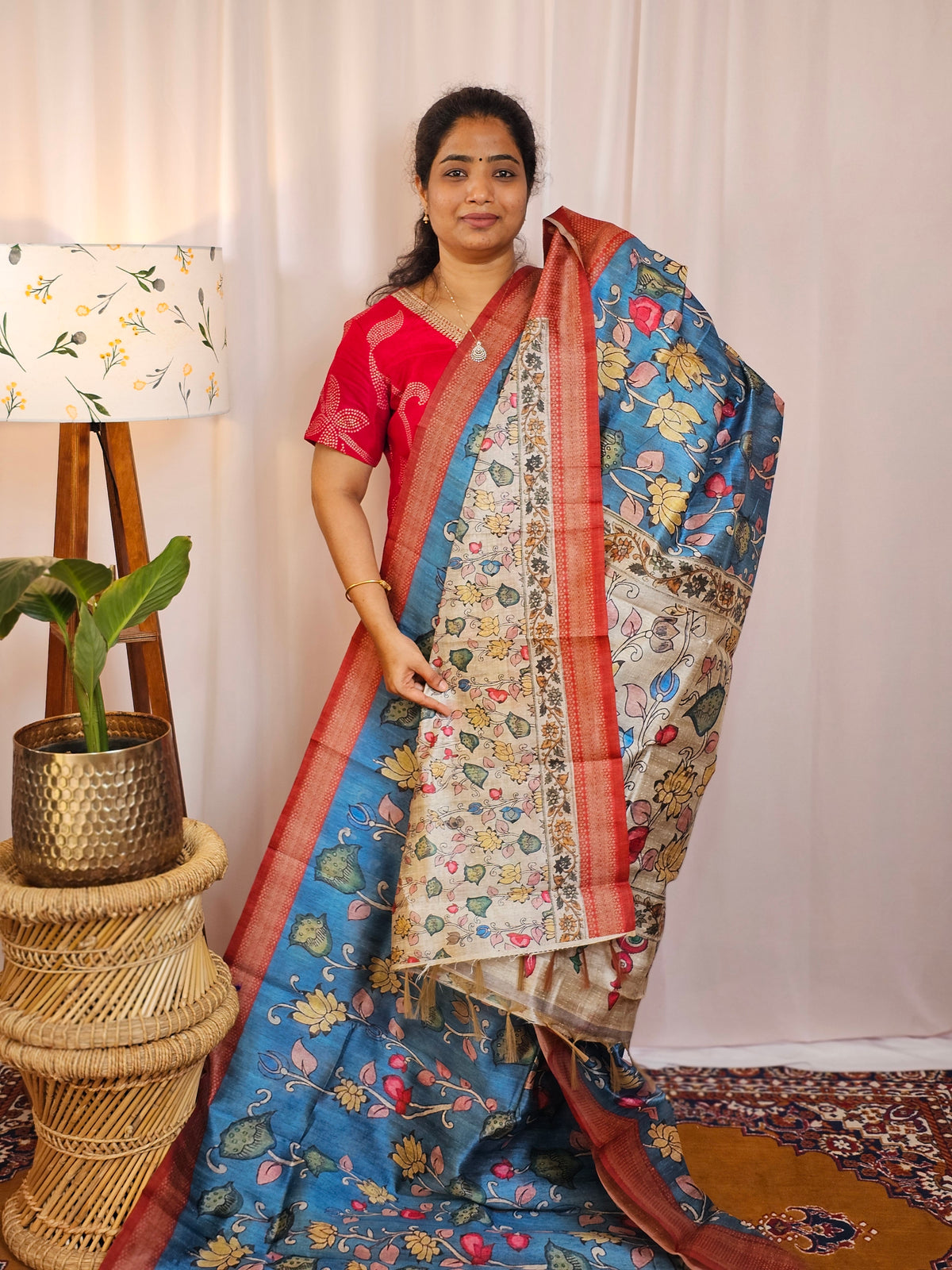 Premium Soft Semi Tussar with Digital Prints - Blue with Maroon