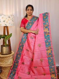 Premium Soft Semi Tussar with Digital Prints - Pink with Sea Green