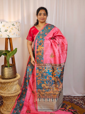 Premium Soft Semi Tussar with Digital Prints - Pink with Sea Green