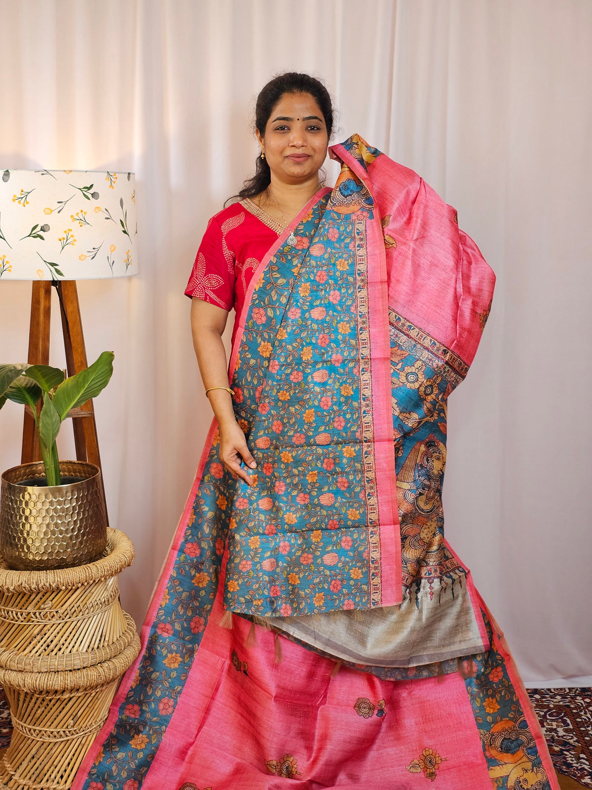 Premium Soft Semi Tussar with Digital Prints - Pink with Sea Green